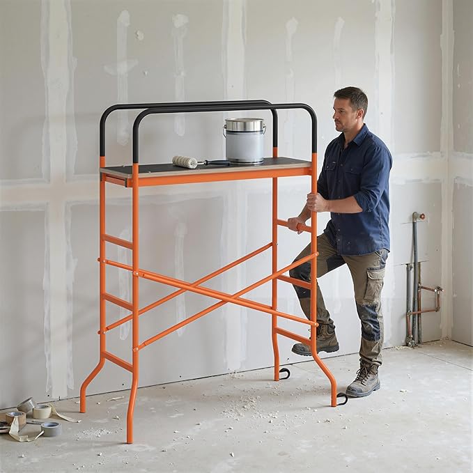 HOMCOM 4-Step Steel 4.6 x 2 x 6 ft. Scaffold 2 Wheels Free Moving for Indoor & Outdoor Decoration Anti-Skid, 440 Pound Capacity, Orange