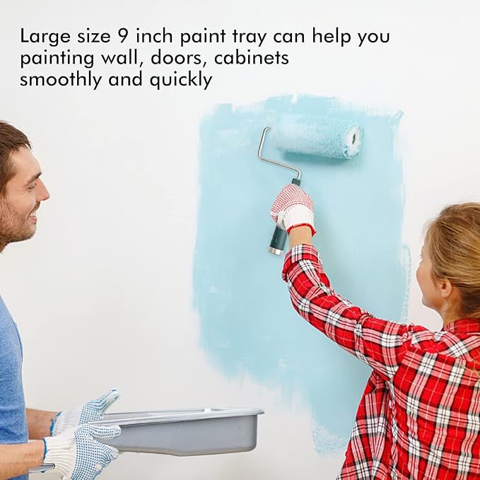 Mister Rui 12 Pack 9 Inch Disposable Paint Tray with Liner and 5 Wire Roller Frame, Plastic Washable and Reusable, Textured Deep Capacity Paint Tray