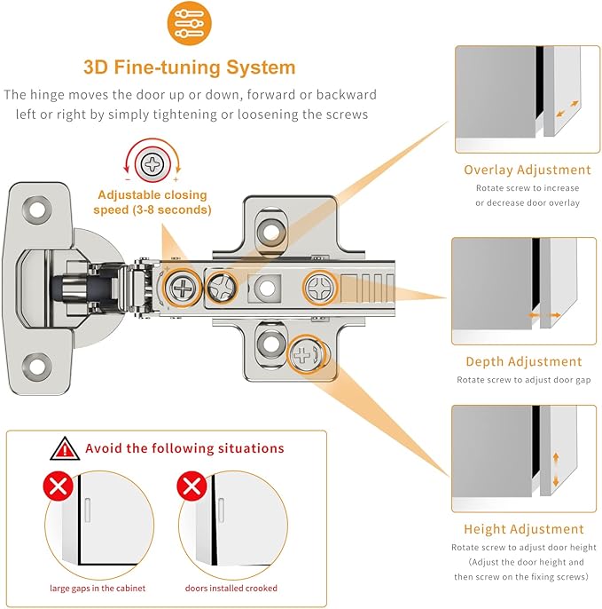Chibery 20 Pack Frameless Full Overlay Soft Close Concealed European Hinges, Self Closing Satin Nickel, 105 ° Open Angle 4D Adjustment, Speed Control, Clip On, Stainless Steel for Cabinet Door