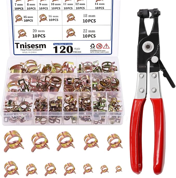 Tnisesm 121Pcs 6-22mm Spring Hose Clamp Assortment Kits with Swivel Flat Band Fuel Hose Clamp Plier, Silicone Vacuum Hose Action Pipe Clamp Low Pressure Air Clip Clamp for Hose Clamps