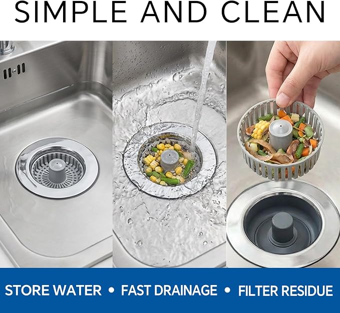 Solid Brass Body 3-in-1 Kitchen Sink Drain Strainer & Stopper, Heavy Duty Pop Up Plug Assembly with 2 Baskets, Anti-Clog Replacement for US Standard 3-1/2 Inch Drains, Rust-Proof Silver