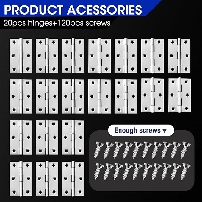 20 PCS 2.5 inches Door Hinge Cabinet Door Hinges Stainless Steel Butt Hinges Home Furniture Hinges Bisagras for Door, Window, Case Lid, Wooden Box Chest with 120 Mounting Screws, Silver