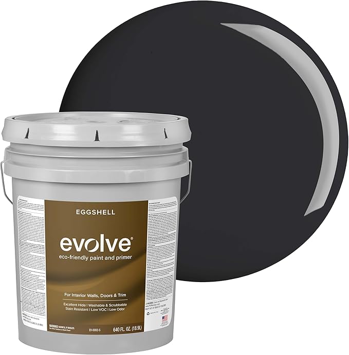 EVOLVE Interior Paint & Primer, Eggshell (Black Iron), 5 Gallon – One-Coat Coverage, Excellent Hide, Low VOC, Low Odor, Washable Paint for Walls, Doors & Trim