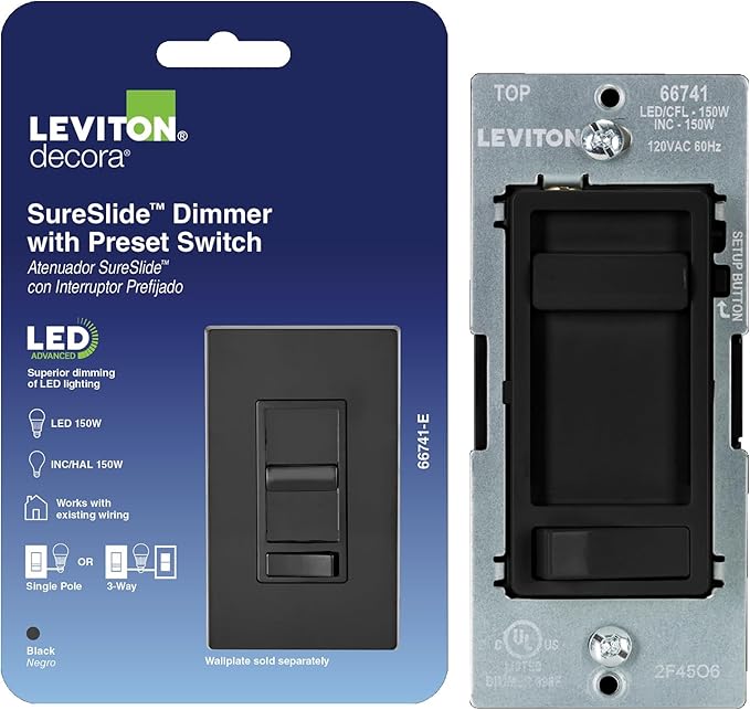 Leviton SureSlide LED Advanced Dimmer Switch for 150W Dimmable LED, Halogen and Incandescent Bulbs and Fixtures, 66741-E, Black