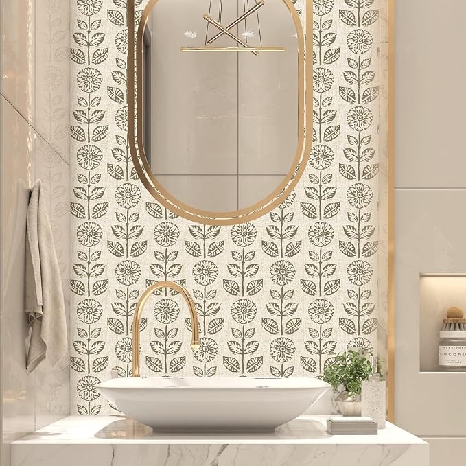 Wudnaye Floral Peel and Stick Wallpaper Vintage Tulip Floral Wallpaper 17.7in×590.4in Flower Farmhouse Contact Paper Peel and Stick Neutral Self Adhesive Removable Vinyl Wall Paper for Kitchen Bedroom