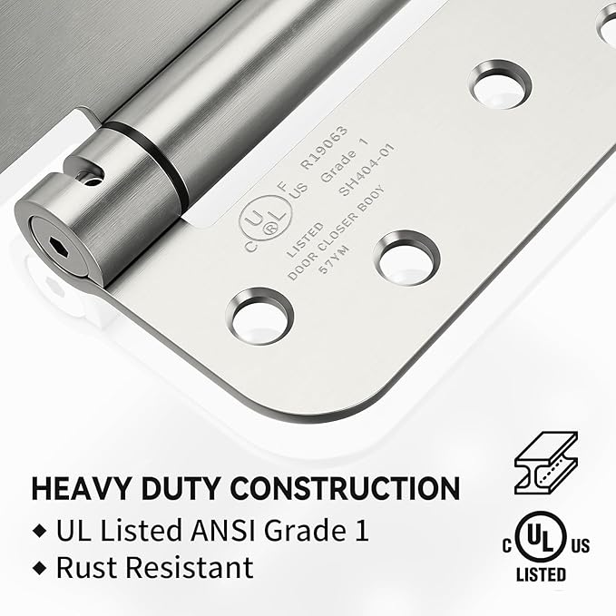 3 Pack Self Closing Door Hinges, 4 Inch Spring Loaded Door Hinges for Garage, Front, Back Door, Left/Right Hand, Adjustable Tension, 5/8'' Radius Corners, UL Listed, Brushed Nickel