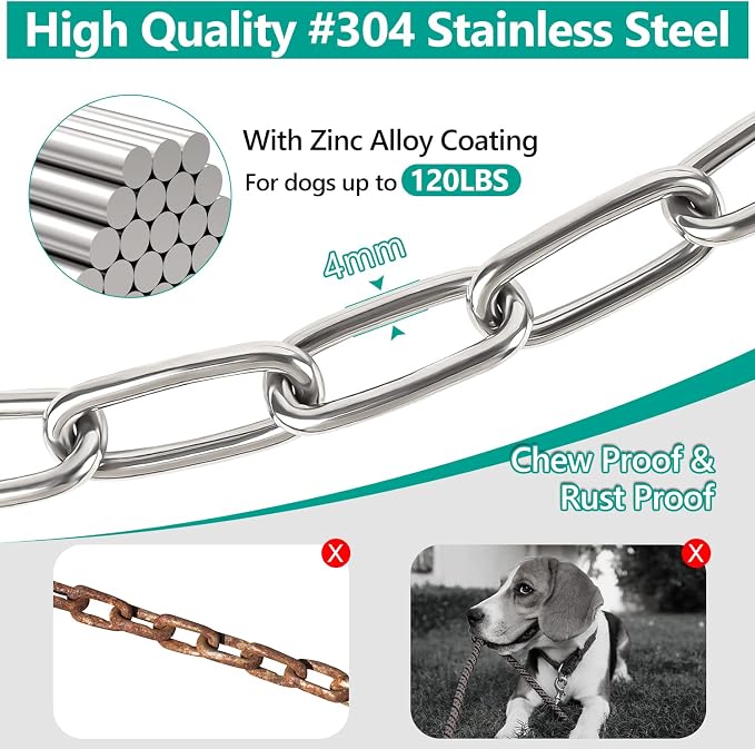 Tresbro Heavy Duty Dog Chains for Outside, 15FT Stainless Steel Tie Out Cable with Swivel Hook for Small Medium Dogs, Metal Chew Proof Pet Runner Chain Leash Lead for Outdoor Camping Hiking Yard, 4MM