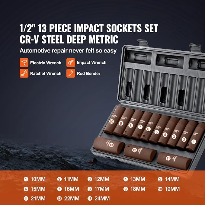 VEVOR 1/2" Drive Impact Socket Set, 13 Piece Deep Socket Set Metric 10-24mm, 6 Point CR-V Alloy Steel for Auto Repair, Easy-to-Read Size Markings, Rugged Construction, Includes Storage Case