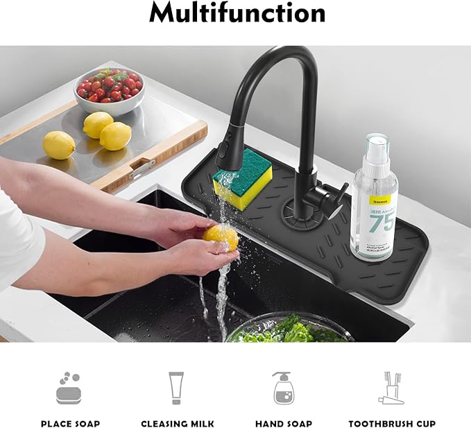Silicone Faucet Mat for Kitchen, Sink Splash Guard, Bathroom Faucet Water Catcher Mat, Sink Draining Pad Behind Faucet, VENMATE Keep Drying Kitchen Accessories (Black (14.6" x 5.5"))