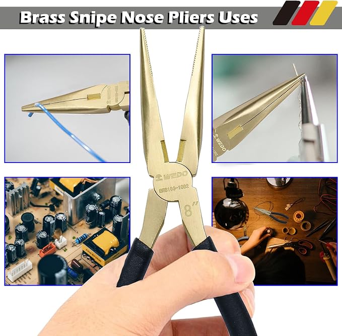 WEDO 2-Piece Brass Pliers Set, 8" Long Nose and Snipe Nose Pliers With Non-Slip Handle, Length 200mm