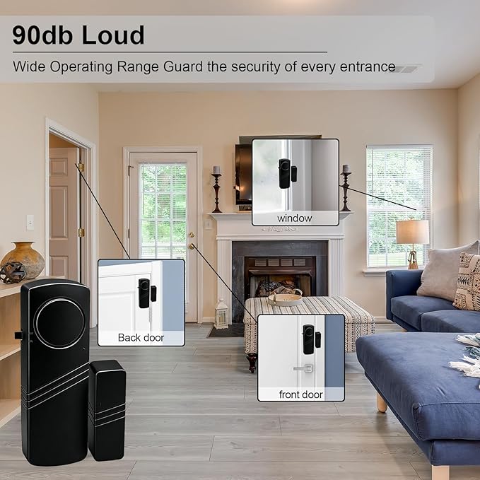 Door Window Alarm - 90dB Loud Home Security Sensor for Kids Safety, Burglar Alert for House, Apartment, Office, Hotel & Pool Window, Black (4 Pack)