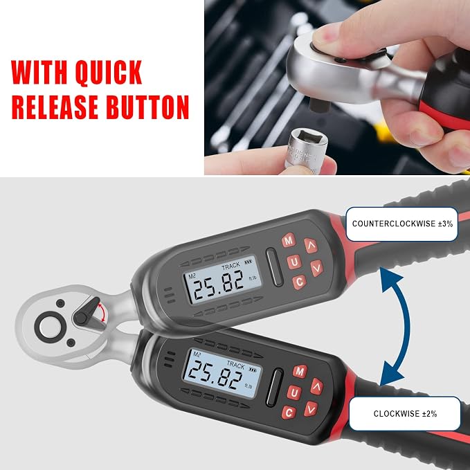 VANPO 3/8 Inch Digital Torque Wrench with Preset Values, 2.2-44.3 Ft-lbs/3-60Nm, Buzzer and LED Notification, Small Electronic Torque Wrench for Motorcycles | 3-60Nm, Small Electronic Torque Wrench with Preset Value, Buzzer and LED Notification or Moto...