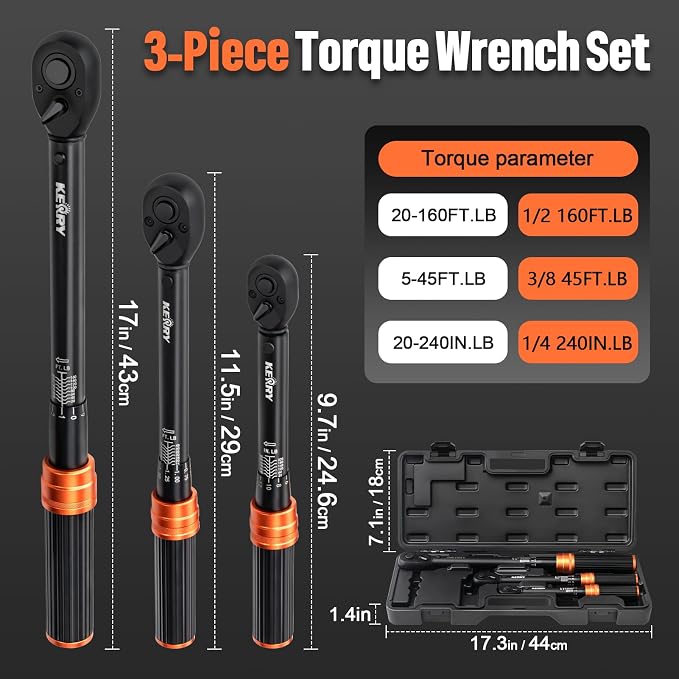 Kerry Click Torque Wrench Set, 1/4", 3/8" and 1/2" Drive, 3-Piece | 20-240 in-lb, 5-45 ft-lb, 20-160 ft-lb, ±3% Accuracy, Dual Scales, 72-Tooth Reversible Ratchets with Case for Vehicle Work