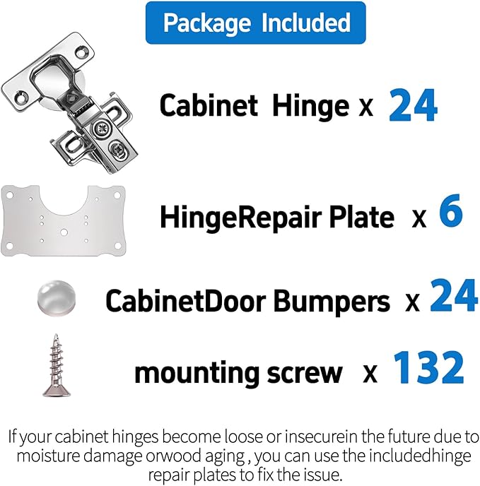 Cabinet Hinges - 24 Pack for 1/2 inch Overlay Cabinet, Face Frame Concealed 105Deg Self Closing Hinges, Stainless Soft Close Cabinet Door Hinges with Mounting Screws and Repair Plate