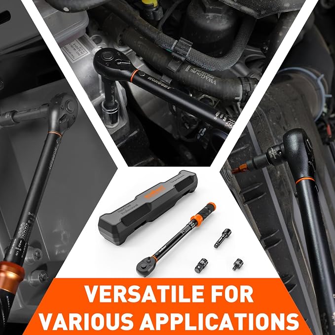 HORUSDY 3/8" 5PCS Torque Wrench Set(5–45 ft-lb/ 6.8–61 Nm) – Torque Wrench 3/8 Drive with 3" Extension, 3/8" to 1/4" & 3/8" to 1/2" Adapters, Case for Bike, Car, Moto & Other Repair