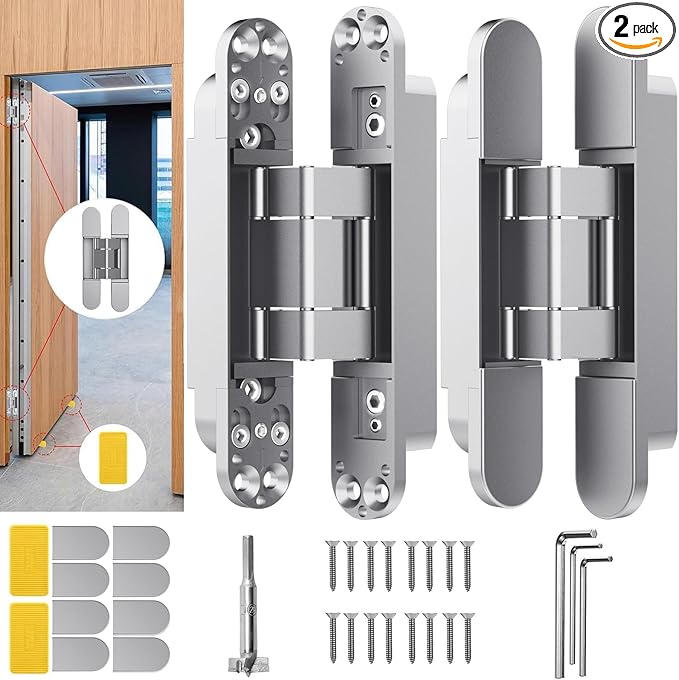 7" Hidden Door Hinge/Concealed Hinges,Invisible Hinges,Invisible Door Silent 180 Degree Swing Hinge 3-Way Adjustable Butt 7 x 2.8 x 1 (Silvery, 7 inches)