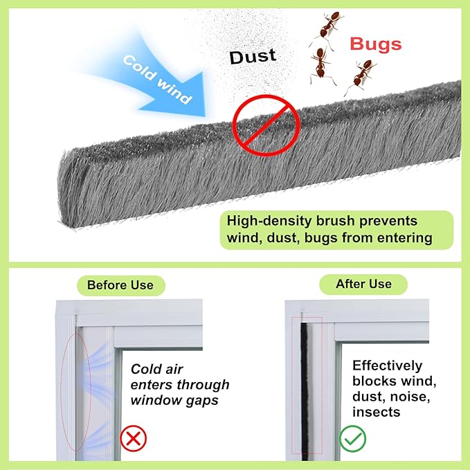 ZOMPAGO Strong Adhesive Brush Weather Stripping 0.6in (T）x 0.4in (W) x 33FT, Grey, Door Seal for Sliding Windows & Doors, Soundproof Noise Blocker, Draft Stopper for Garage Door Frame & Exterior Doors