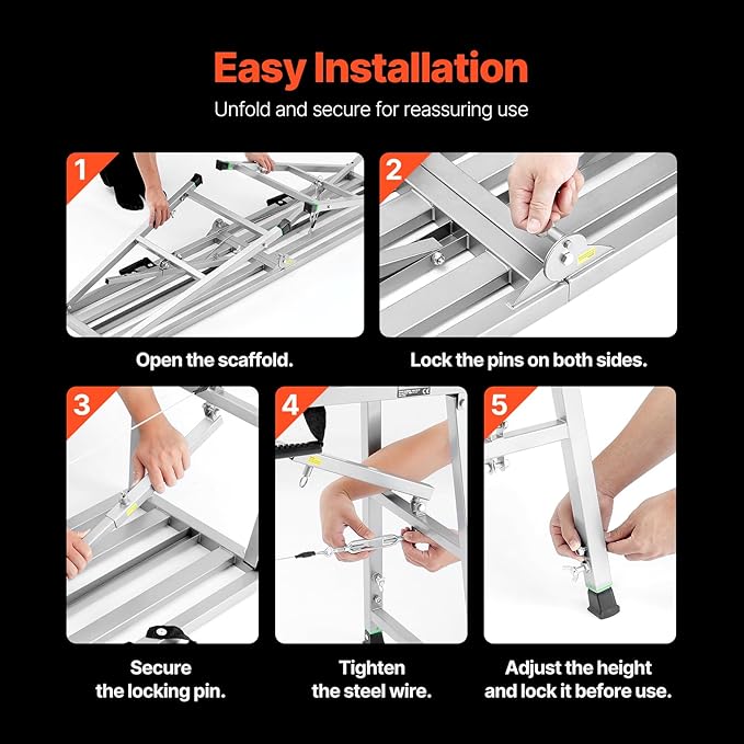 VEVOR Work Platform, 63"x 15" Portable Scaffolding Platform, Folding Steel Step Ladder Adjustable Height 31.5”-50.1”, 800 lbs Load Capacity, Non-Slip Drywall Painting Stool for Cleaning &Washing
