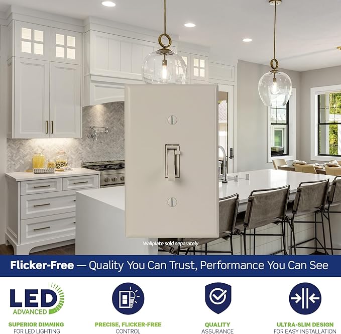 Leviton Toggle Slide LED Advanced Dimmer Switch for 150W Dimmable LED, Halogen and Incandescent Bulbs and Fixtures, TSL01-T, Light Almond