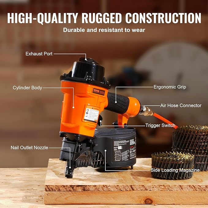 VEVOR MCN55 Coil Siding Nailer, 70-120PSI Air Coil Nailer 1 inch to 2-1/4 inch 15 Degree Pneumatic Siding Nail Gun for Siding, Pallet Sheathing, Fencing, Decking