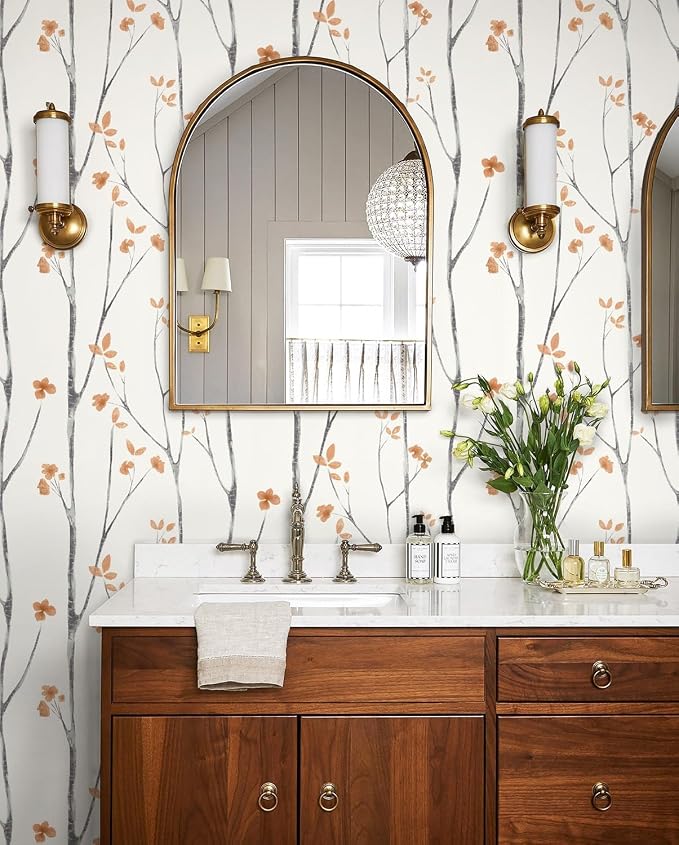 Timeet Boho Peel and Stick Wallpaper Floral Wall Paper Tree Contact Paper White and Orange Clearance Removable Self Adhesive Thicken Eco-Friendly Deacoral Bedroom Bathroom 16.14"x78.7"