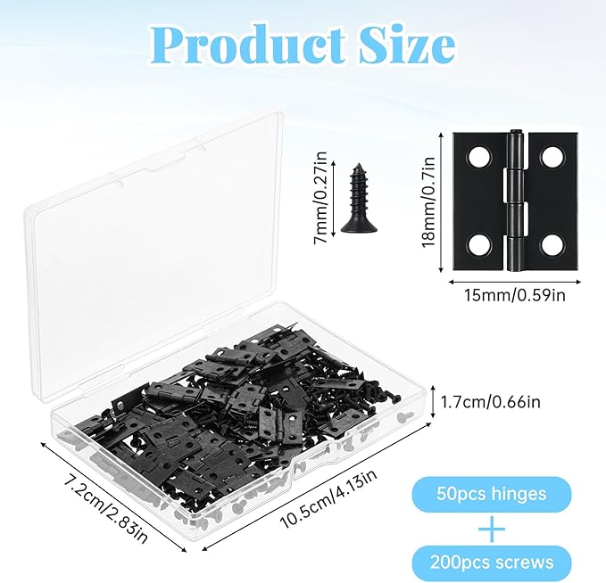 50 Sets Small Hinges with Screws, 18 X 15mm Black Metal Mini Hinges for Crafts Jewelry Box Hinge with 200 Screws, Retro Jewelry Folding Butt Tiny Hinge Hardware for DIY Crafts Wood Picture Frame