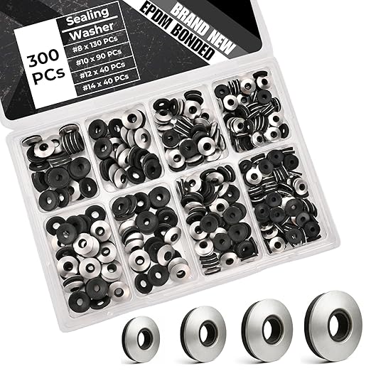 300 PCs #8# 10#12#14 EPDM Bonded Sealing Washers Assortment, 304 Stainless Steel Screw Washers for Roofing & Metal Panels, Multi-Size Fastener Set
