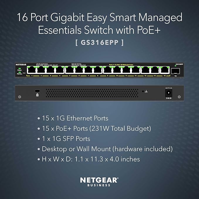 NETGEAR 16-Port PoE Gigabit Ethernet Easy Smart Managed Essentials Switch (GS316EPP) - with 15 x PoE+ @ 231W, 1 x 1G SFP Port, Desktop or Wall Mount