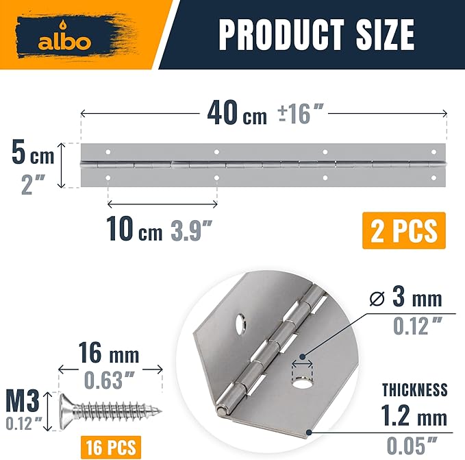 ALBO 16 Inch Silver Heavy Duty Piano Hinge Continuous Stainless Steel 304 (2-Pack), Surface Mount Cabinet Hinges Silver 16"x2" for Storage Box, Workbench, Display Case & Furniture, Rustproof