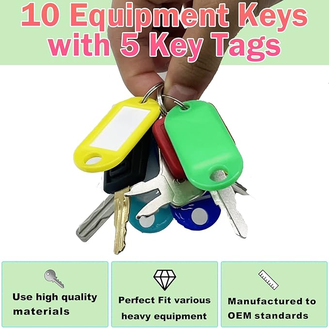 10PCS Heavy Equipment Construction Operators Keys, Master Ignition Key Set for John Deere Volvo CAT Caterpillar Komatsu Hyster Bobcat D250 and More.