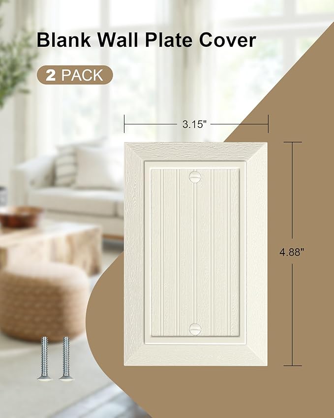 2-Pack Classic Beadboard Single Blank Wall Plate, Unbreakable Polycarbonate Wall Plate Cover, Light Almond 1 Gang Wall Plate for Unused Outlets/Switches