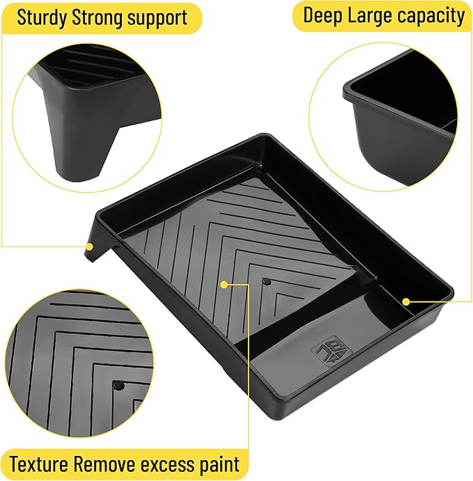 Bates- 9 Inch Paint Tray, 3 Pack, Black Plastic Paint Roller Tray 9 Inch, Deep Capacity, Textured Ridge