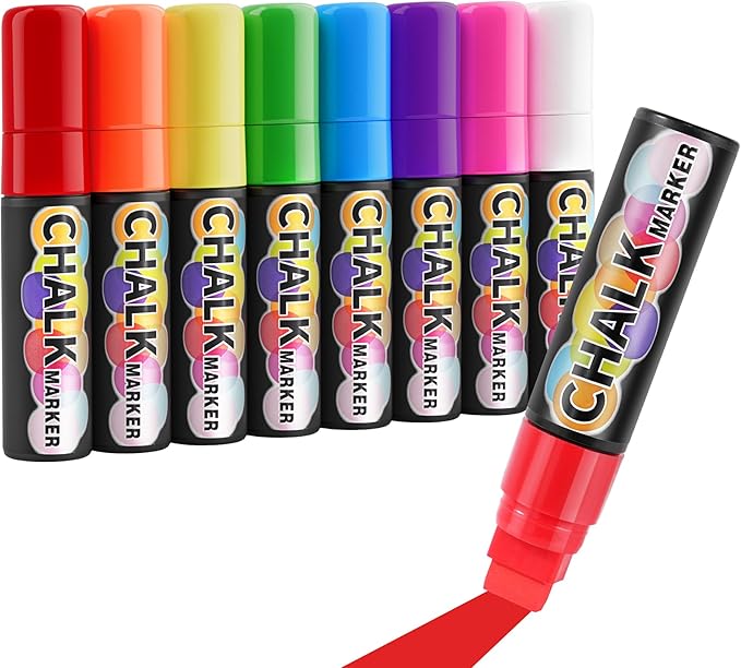 AnyMark 8 Colors Window Chalk Markers, 15mm 3-In-1 Jumbo Wide Nib Chalk Marker, Dust-Free & Non-Toxic, Erasable Chalk Markers for Blackboards, Rock Painting, Poster, Stone, Ceramic, Glass