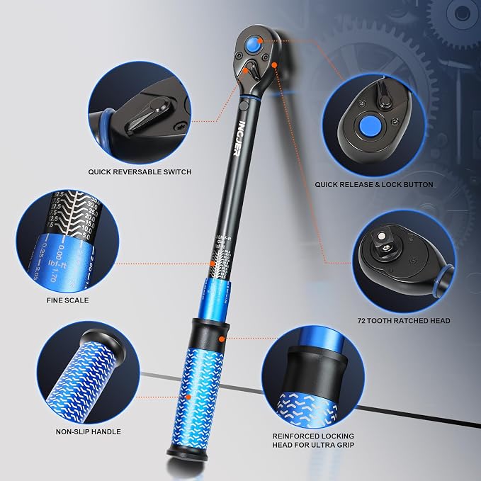 3/8 Torque Wrench, 5-50Ft.Lb, UPGRADE torque wrench car | 6.8-67.8Nm, ±3% Precision Dual-Direction, 72 Tooth Click Adjustable Torque Wrench for moto Truck Car Tire Maintenance, Blue