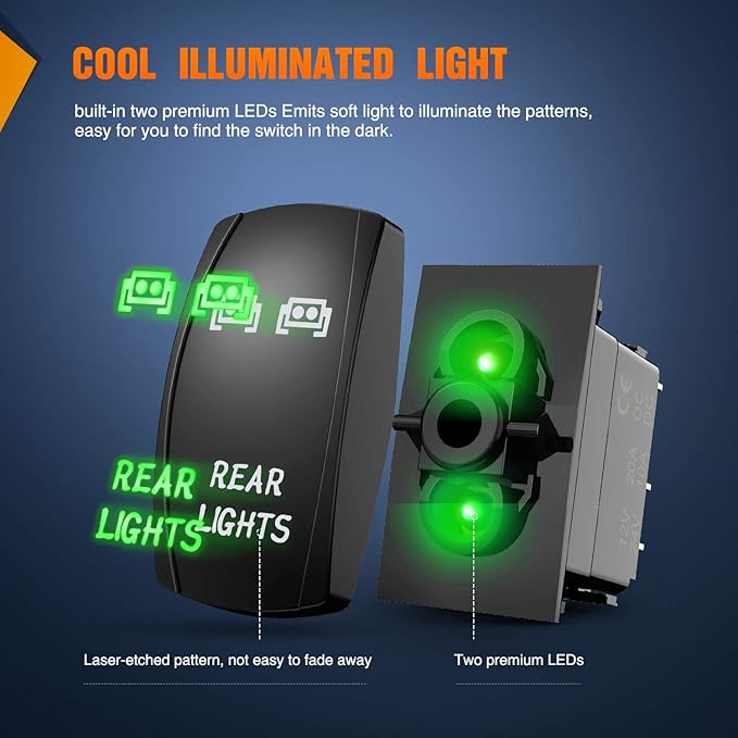 Nilight Rear Lights Rocker Switch Led Light Bar Switch 5Pin Laser On/Off switches Green 20A/12V 10A/24V Switch with Jumper Wires Set for Cars,Trucks,RVs,2 Years Warranty