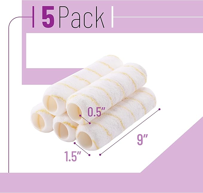 Bates- Paint Roller Covers, 1/2" x 9" Roller Covers, Pack of 5, Covers for Paint Rollers, Naps for Paint Roller Brush, Roller Naps, House Painting Supplies, Nap for Roller Frame