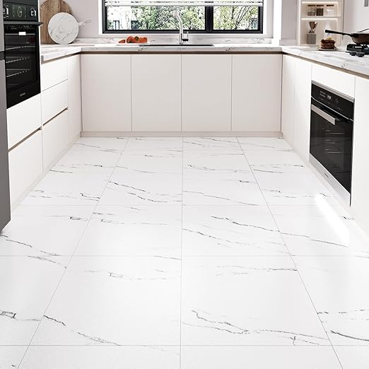 WESTICK 20 Tiles White Marble Floor Tile Bathroom Vinyl Tiles Peel and Stick Floor Waterproof Marble Vinyl Flooring Tile Removable Sticky Tile for Kitchen Bedroom Living Room Grey White 12" x 12"