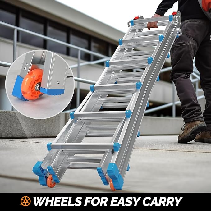 LUISLADDERS Ladder, A Frame Step Ladder Telescoping Ladder, Muti Position Folding Ladder Flared Leg & Wheels Design, 330 lbs Capacity Extension Ladder for Household Outdoor Work (22 FT)