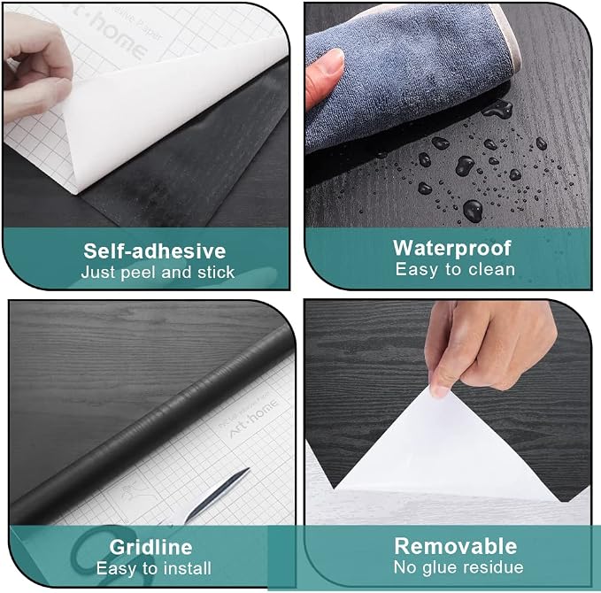 Arthome Peel and Stick Wallpaper - Black Wood Contact - Black Wallpaper - Self-Adhesive & Removable Wall Paper for Countertop Furniture Kitchen, Countertop Contact Paper, Easy to Clean, (17"x120")