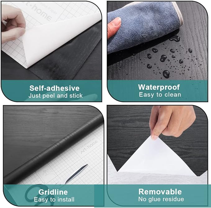 Arthome Peel and Stick Wallpaper - Black Wood Contact - Black Wallpaper - Self-Adhesive & Removable Wall Paper for Countertop Furniture Kitchen, Countertop Contact Paper, Easy to Clean, (23.6"x200")