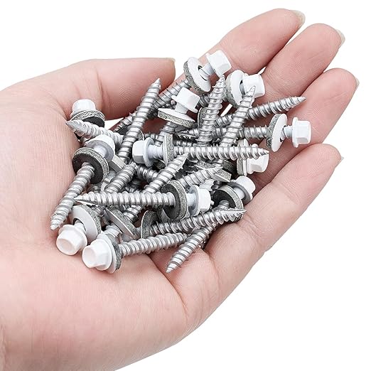 50 Pcs White #10 x 1-1/2" Metal Roofing Screws - Galvanized Hex Head Self-Tapping with EPDM Washers Sharp Point,for Corrugated Roofing, Wood Siding, Fences, Carports, Garages, Sheds