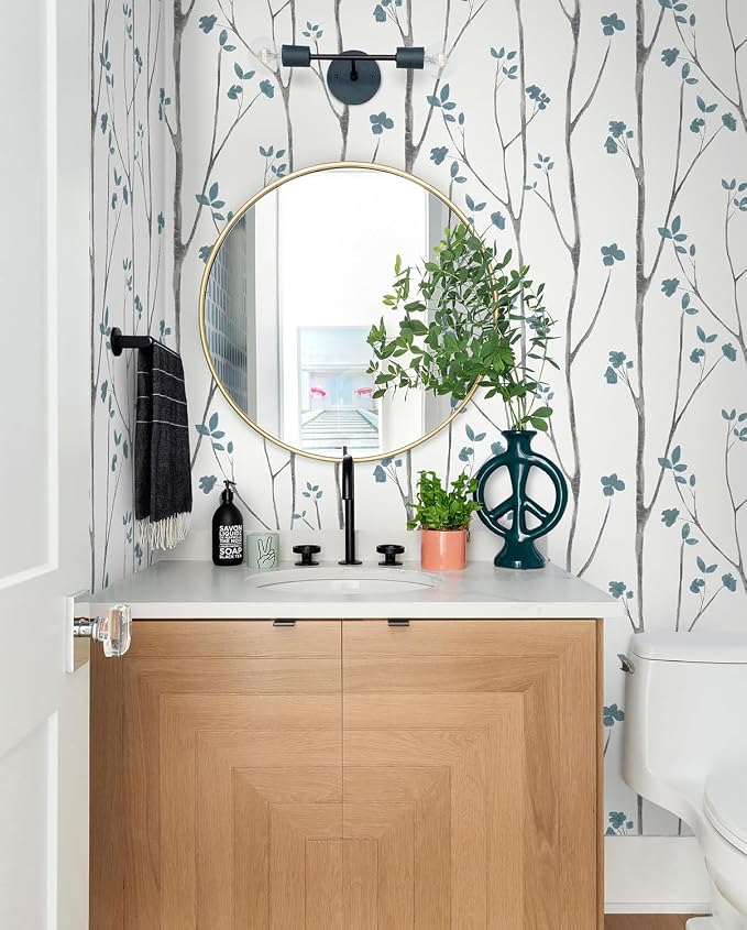 Timeet Blue White Floral Leaf Boho Wallpaper 16.14"x118.11" Self-Adhesive Removable for Bathroom, Kitchen, Bedroom