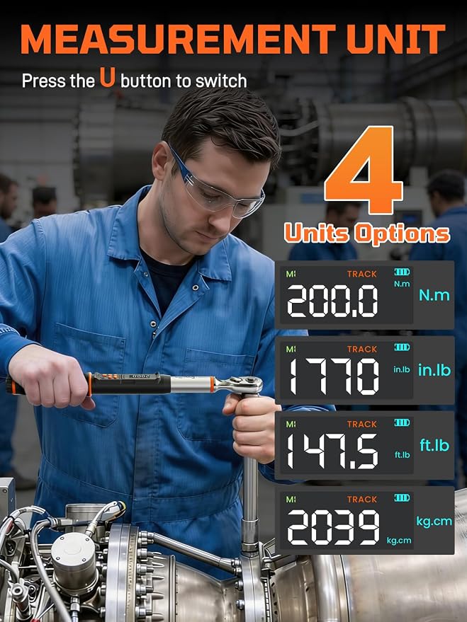 Digital Torque Wrench, 7.38-147.5 ft.lb/10-200 Nm, 1/2" Drive Inch Pound Torque Wrench Electronic with Buzzer & Colorful LED Indicator Cars Automotive