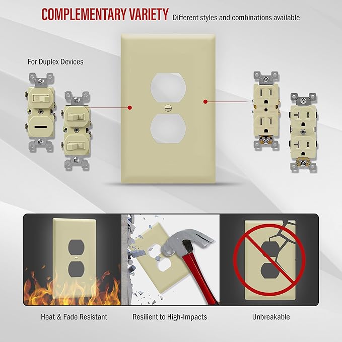 ENERLITES Duplex Receptacle Outlet Wall Plate, Jumbo Electrical Outlet Cover, Gloss Finish, Oversized 1-Gang 5.51" x 3.50", Polycarbonate Thermoplastic, 8821O-I, Ivory