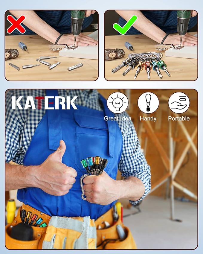 katerk 6 pcs 1/4 inch Hex Shank Aluminum Alloy Screwdriver Bits Holder, Light-weight Quick-change Extension Bar Keychain Drill Screw Adapter Change Portable (With Silver Carabiner)