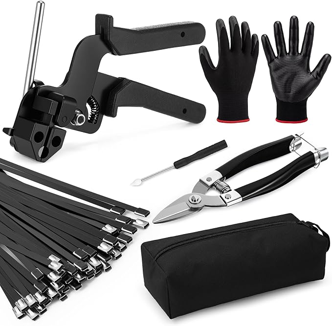 LEIFIDE Stainless Steel Cable Tie Gun Set 200 Pcs 11.8 Inch Heavy Duty Metal Zip Tie Adjustable Fastening Cutting Tool for Outdoor Exhaust Wrapping Fence Workshop (Black)
