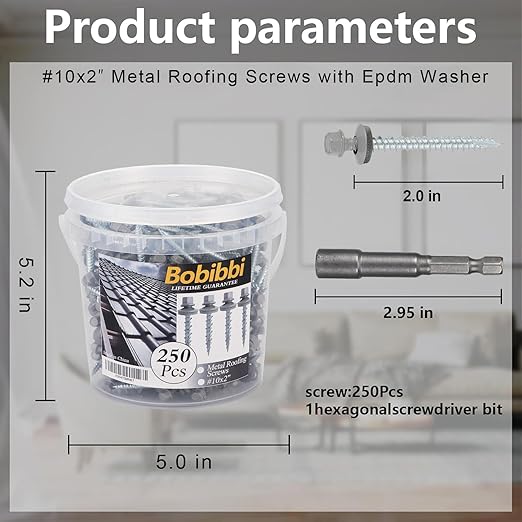 Metal Roofing Screws 10 x 2 inch, Gray Hex Head Sheet Metal Roof Screw with EPDM Washer for Corrugated Roofing (250Pcs)