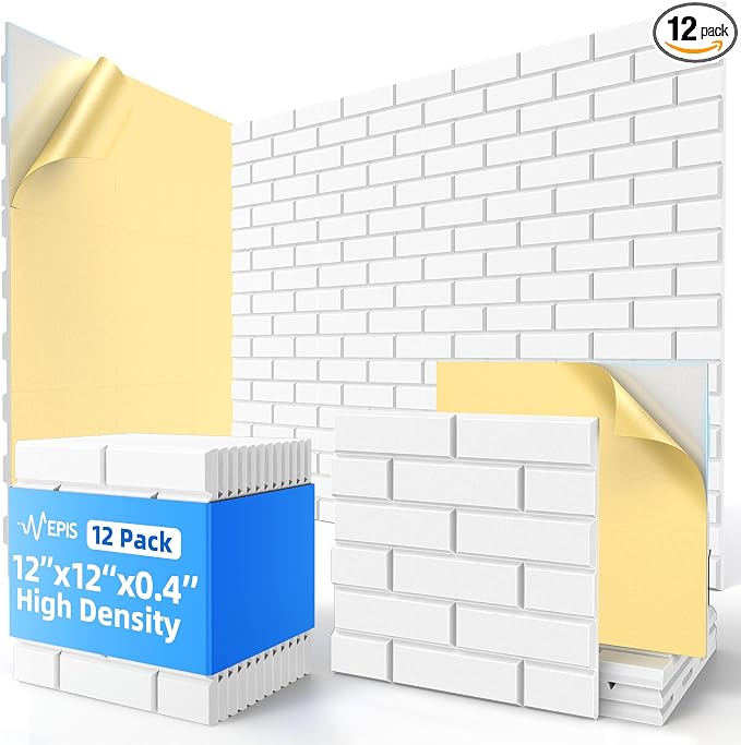 12 Pack Acoustic Panels with Self Adhesive Sound Proof Foam Panels for Wall | 12" X 12" X 0.4" High Density Soundproof Wall Panels, Brick Sound Absorbing Panels for Home Studio Office Decor - White