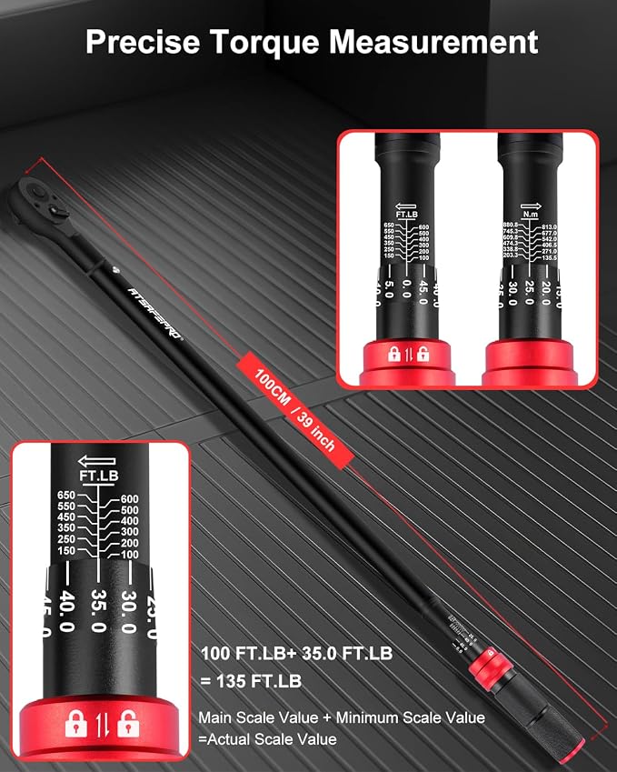 3/4 Torque Wrench 100-650 Ft-Lb – ±3% Accuracy, Reversible 48-Tooth Ratchet, Cr-V Steel, Dual Scale, 3/4" Drive Click Heavy Duty Precision Torque Wrench for Truck, RV, Heavy Equipment