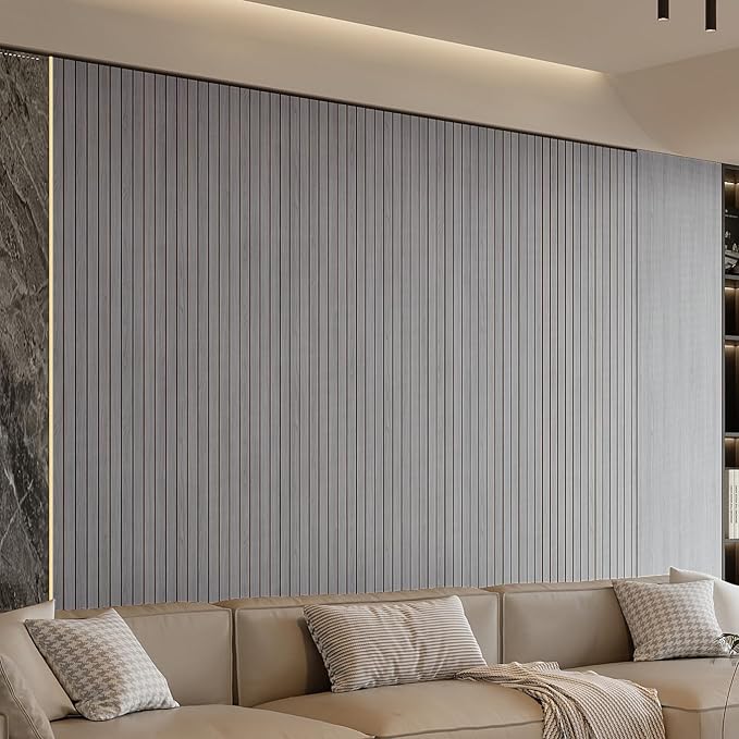 YU LI 3DH Peel and Stick PVC Slat Wall Panel 118"x15.75" Self-Adhesive Thick Faux Grey Wood Grain Wallpaper Panel 3D Soundproof Wall Panels for Walls & Ceilings